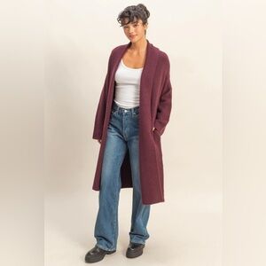 NEW Double Zero Dark Cherry Longline Duster Cardigan Open Front Sweater Medium